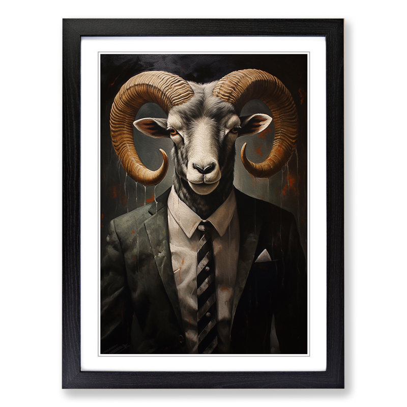 Ram Sheep in a Suit Painting - Framed Print, 64cm H x 46cm W x 2cm D, Black Framed