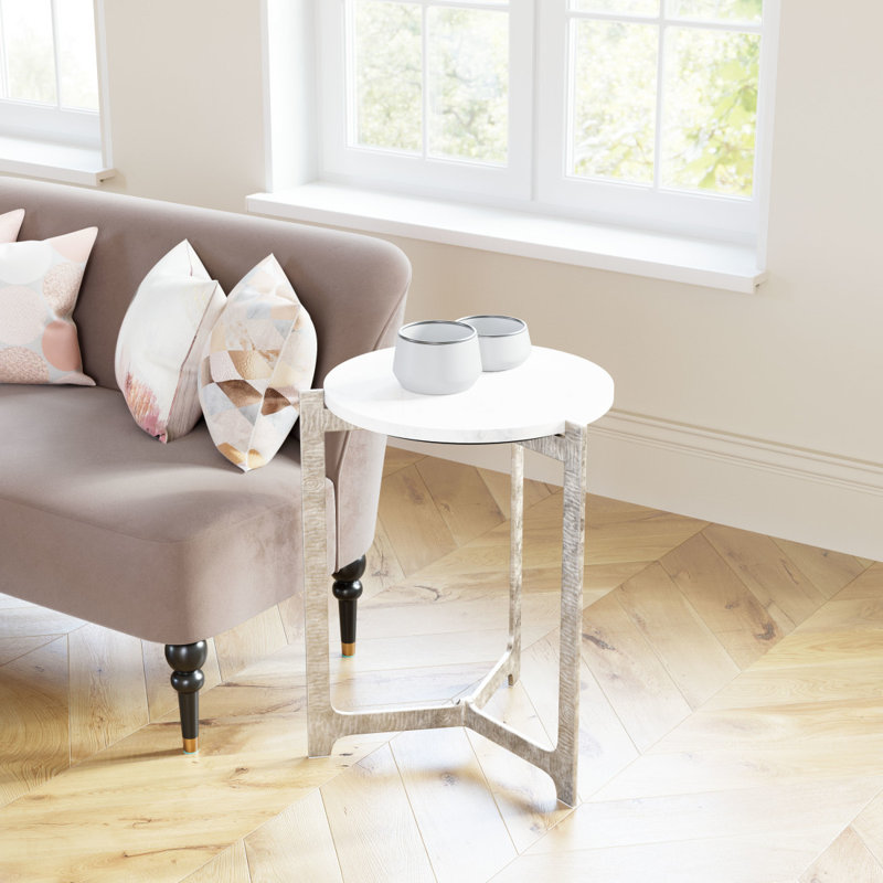 Table de bout 25 "en marbre blanc et argent et pieds ronds en aluminium