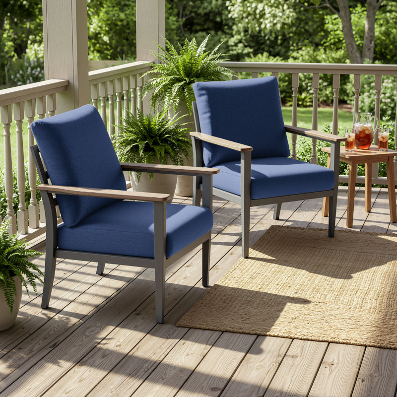 27" Wide All Weather Aluminum Ladder Back Patio Armchair with Wooden Arm, Navy Blue