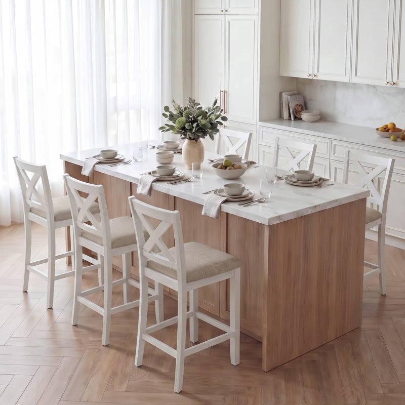 Tabouret de bar rembourré de 26 po en bois massif, Beige, Blanc