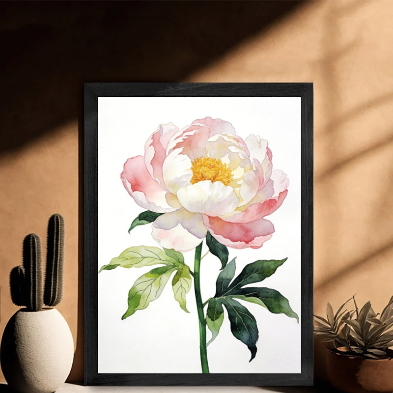 Art encadré noir, Saint-Valentin - Fleurs de pivoines roses, aquarelle, H 17 po x l 13 po