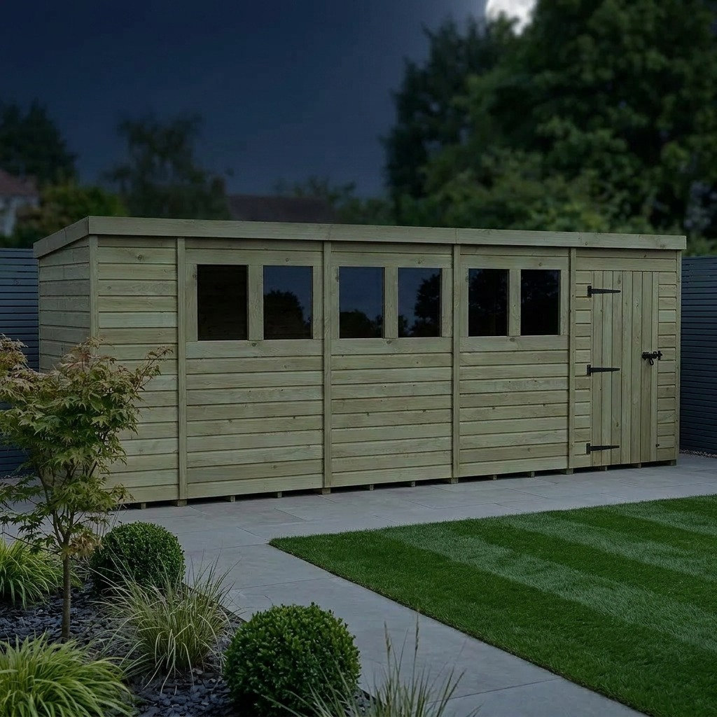 Total Sheds 18ft x 4ft Pent Garden Shed - Single Door - With Windows - Pressure Treated Timber - UK Manufactured