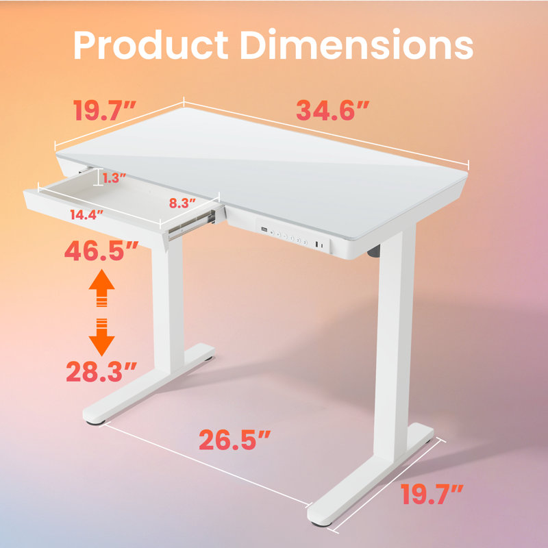 Bureau debout électrique à hauteur réglable avec tiroirs, plateau de table une pièce à installation rapide, ports de charge USB pour le bureau personnel