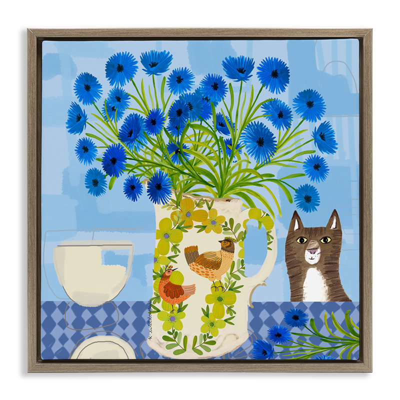 Cadre flottant Whimsical Jug of Cornflowers, design par Kay Widdowson, Cadre flottant orme Montalcino, H 18 po x l 18 po