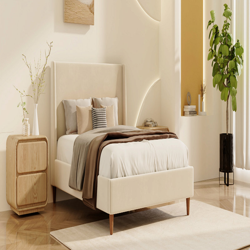 Modern Beige Velvet Upholstered Platform Bed With Wingback Headboard And Walnut Wooden Legs, No Box Spring Needed, King Size