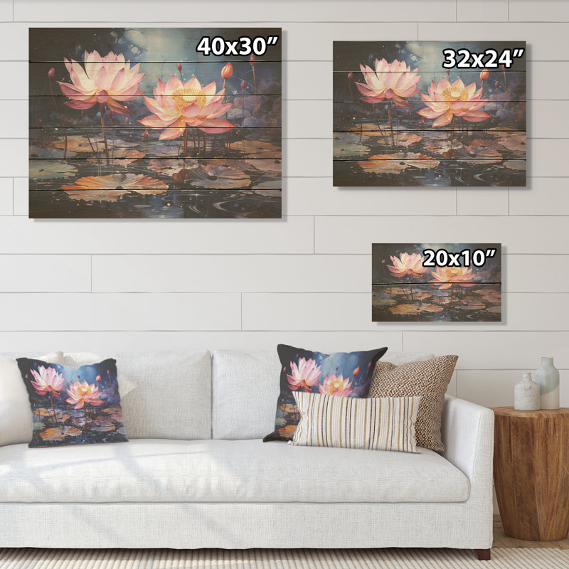Enchanted Lotus Waters - Art mural en bois de lotus sur bois de pin naturel, H 30 po x l 40 po