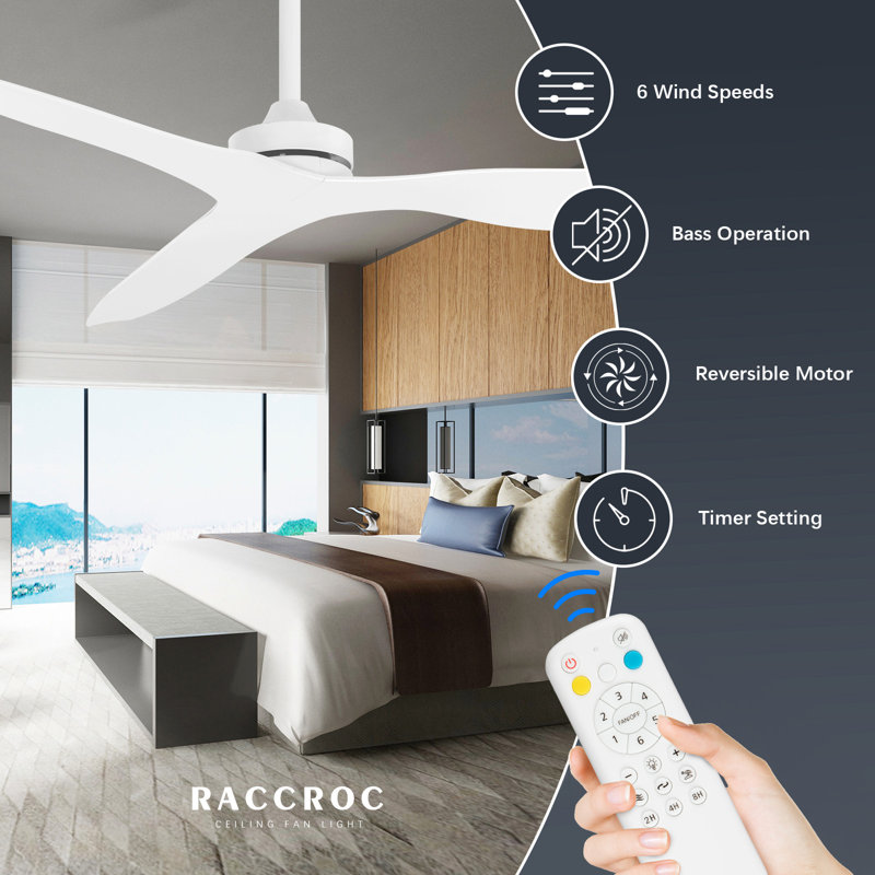 Ventilateur de plafond blanc de 52 pouces sans lumière, ventilateur de plafond à 3 pales, ventilateur de plafond intérieur / extérieur avec télécommande, moteur à courant continu réversible silencieux pour la chambre à coucher / salon