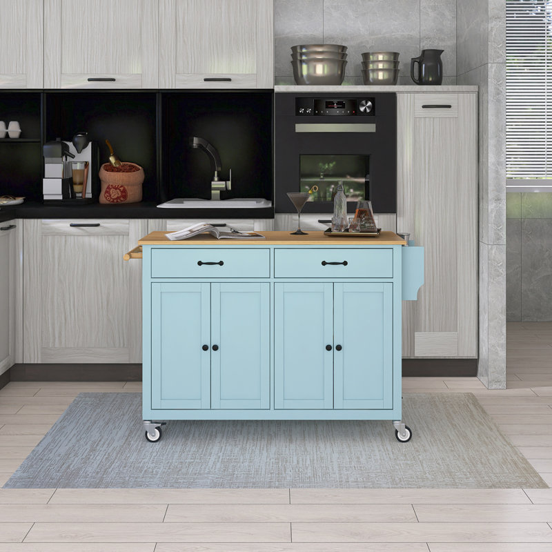 Chariot de cuisine 54,3 "en bois massif avec porte-épices et porte-serviettes, Vert