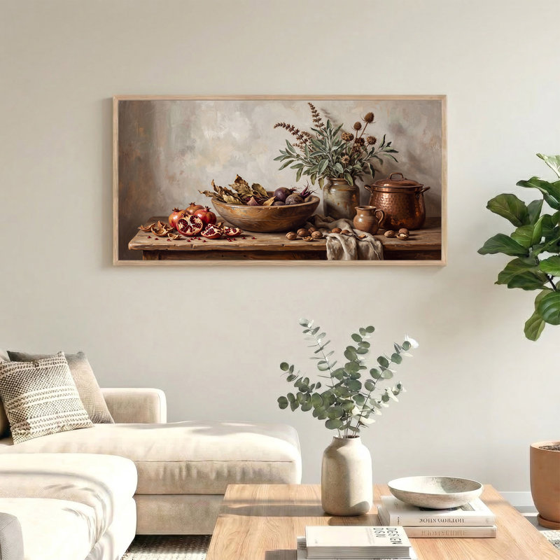 Tableau sur toile représentant des grenades et un pot en cuivre sur une table en bois rustique, L 58 po x H 28 po
