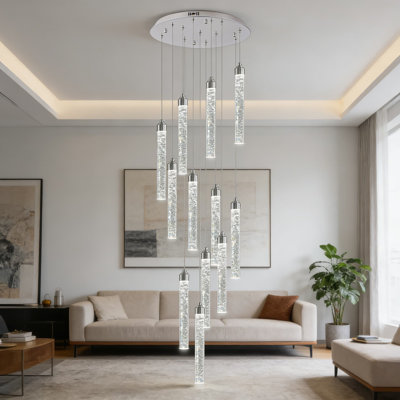 Modern Crystal Chandelier For High Ceilings With Remote Control, 12-Light Dimmable LED Cluster Fixture With Adjustable Height For Living Room, Foyer, And Staircase