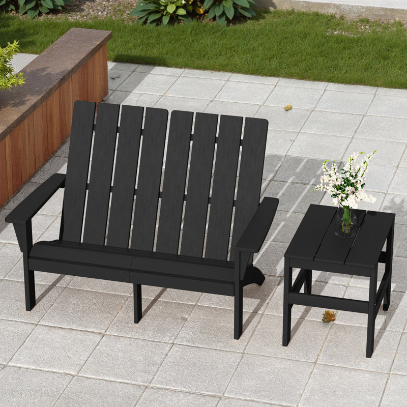 Modern Adirondack Outdoor Loveseat With Side Table, Weather-Resistant Patio Seating Set For Backyard Comfort, Black