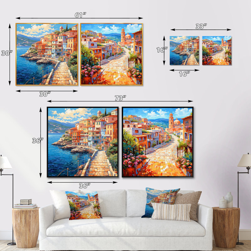 «Beautiful Port In Italy» - ensemble de 2 collages carrés, Cadre flottant doré, H 36 po x l 73 po