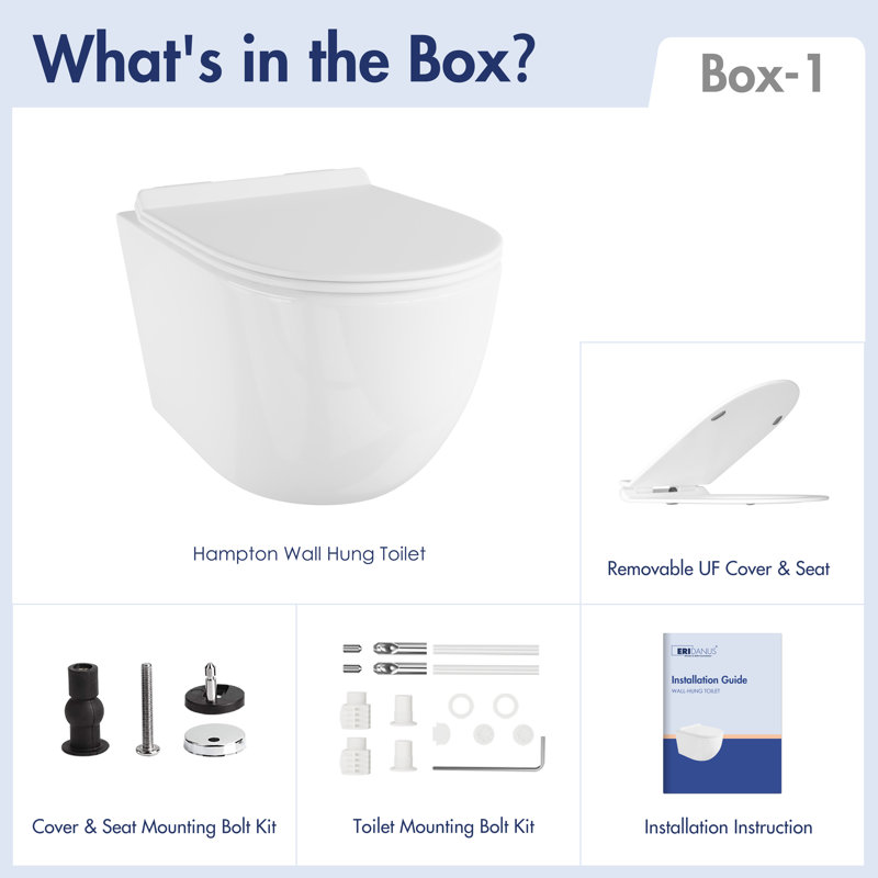 Hampton 0.8/1.6 GPF Elongated Wall Hung Toilet and In-Wall Mounting Frame with Gravity flush and Soft Close Seat, White