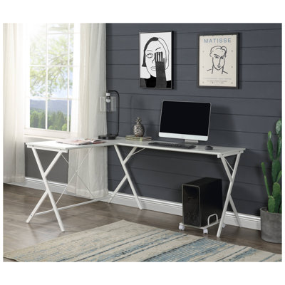 Dazenus 62" L-Shaped Computer Desk, White, Steel Frame.      