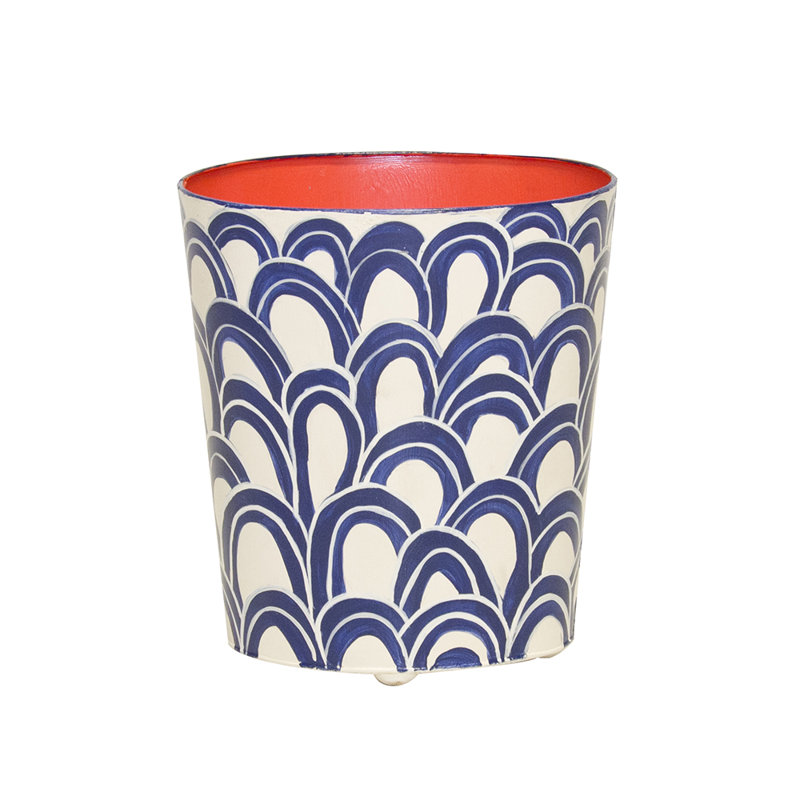 Navy and Cream Painted Metal Waste Basket with Orange Interior