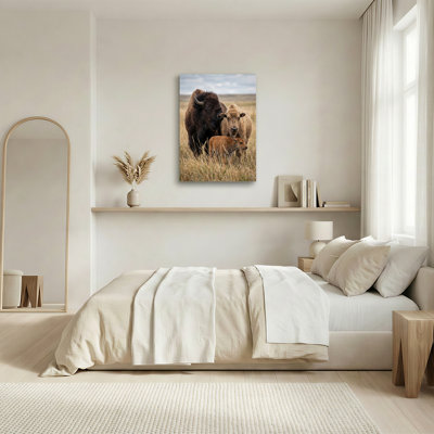 Art sur toile, grand bison brun adulte et veau debout dans de hautes herbes sèches