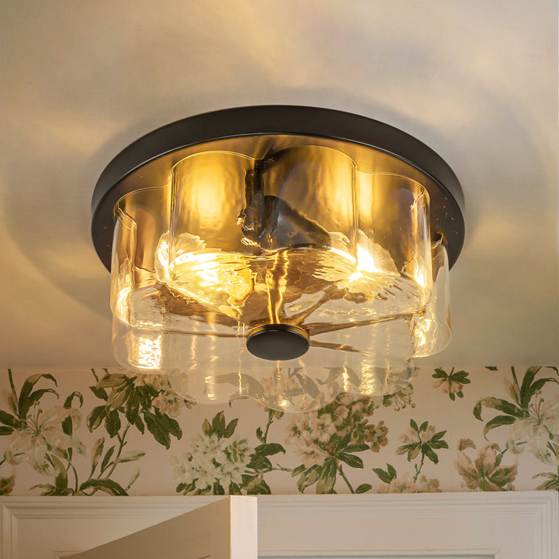 2-Light Modern & Vintage Glass & Metal Flush Mount Ceiling Light 