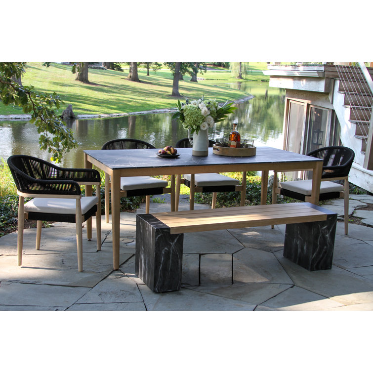 6 Pc. Marble Composite Dining Table With Wheat Wicker Chairs And Bench