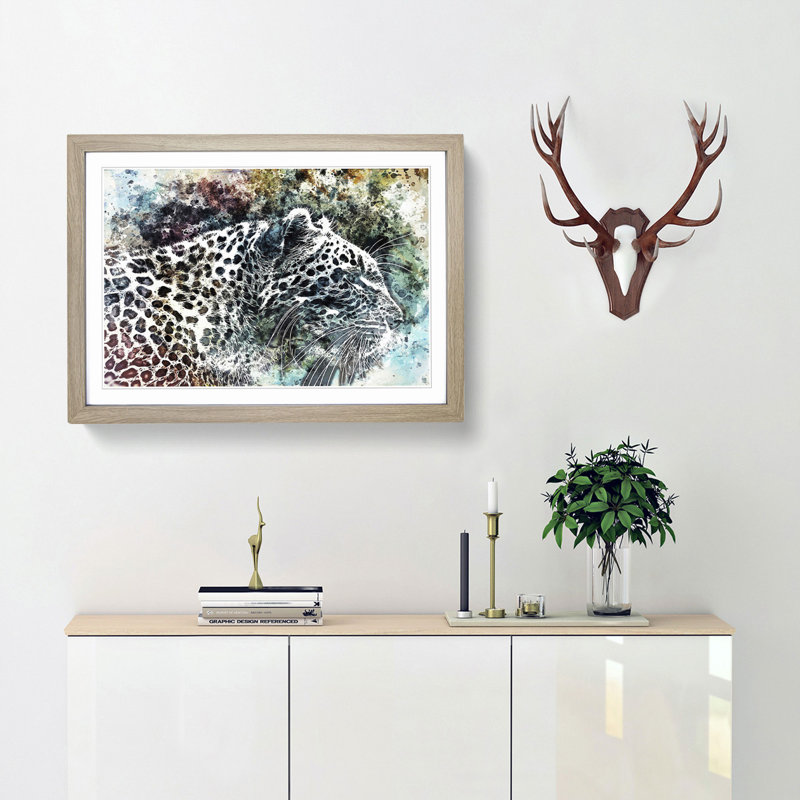 Leopard in Abstract - Picture Frame Painting Print, 48cm H x 65cm W x 2cm D, Oak Framed