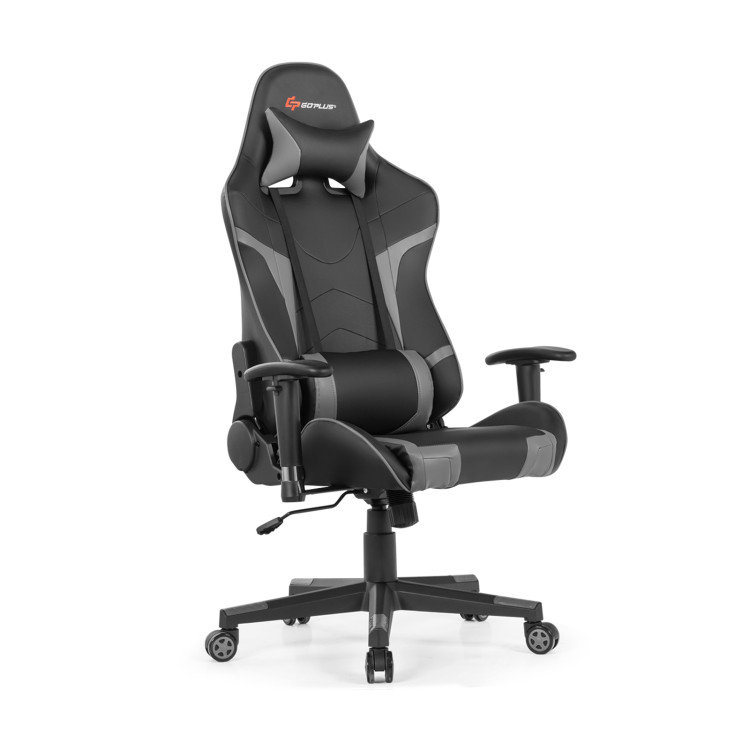 Fauteuil de jeu de massage inclinable et pivotant avec support lombaire, gris, Grey Faux Leather, Grey