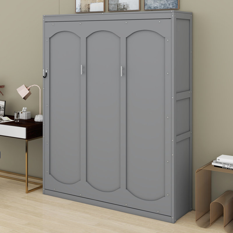Lit escamotable robuste avec tablettes de rangement, Gris