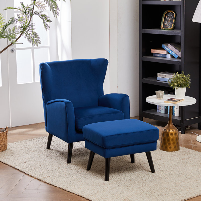 Upholstered Wingback Chair with Footstool, Blue Velvet