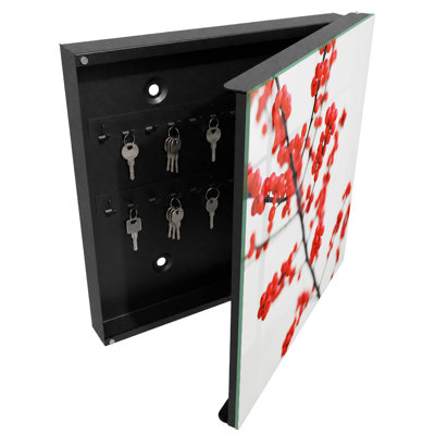 Key storage box, Opens to the left, 30x30x5, White, Red berries on a light background, 