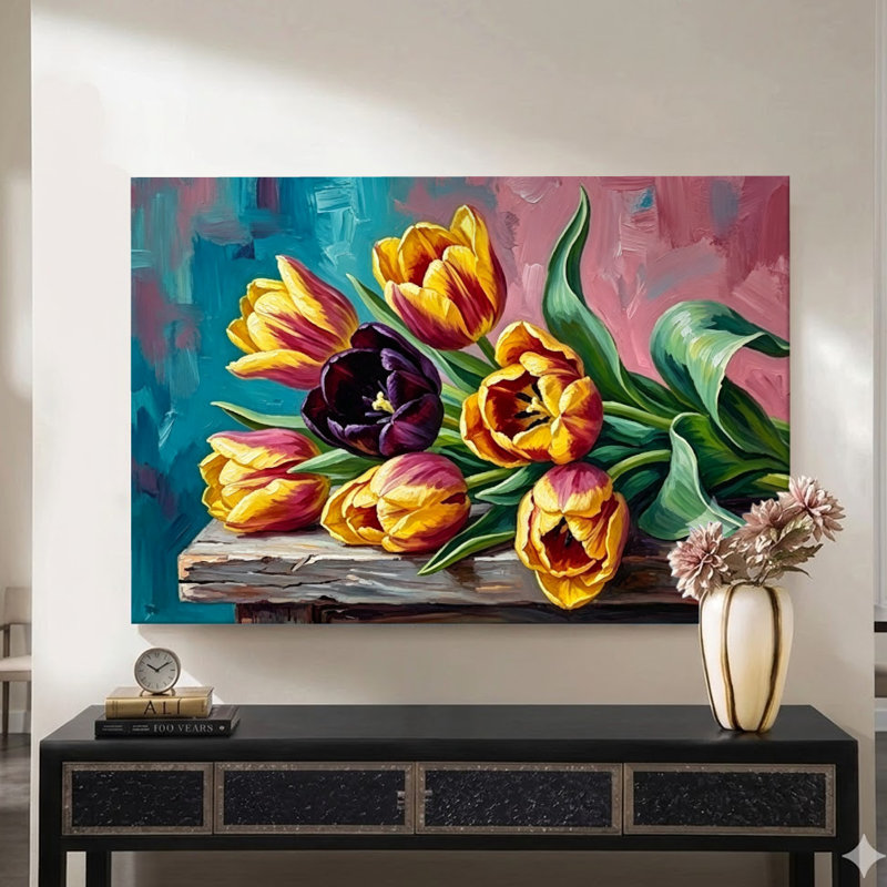 Impressionist Tulips Vibrant Impressionist Canvas Wall Art, 24" x 36" Gallery Wrapped Canvas Print, Red & Yellow Floral Wall Decor for Dining Room, Living Room & Bedroom