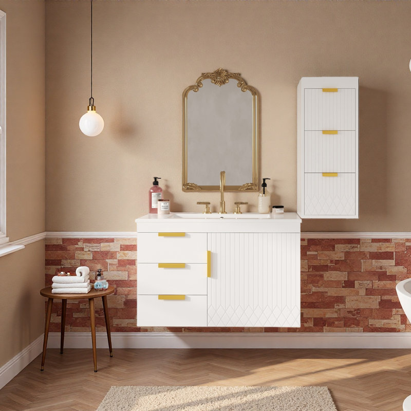 Armoire de salle de bain montée avec armoire latérale, armoire de salle de bain avec porte à fermeture en douceur et tiroirs, meuble-lavabo moderne avec lavabo