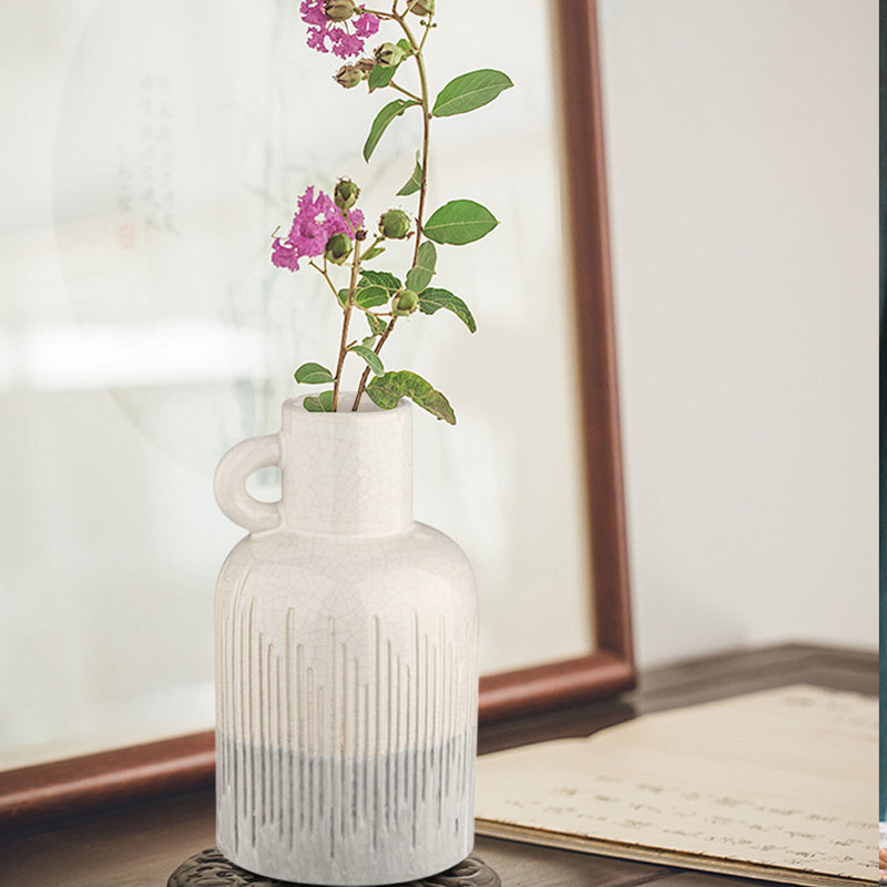 Ceramic Farmhouse Vase, Decorative Boho Flower Vase For Home Decor, White
