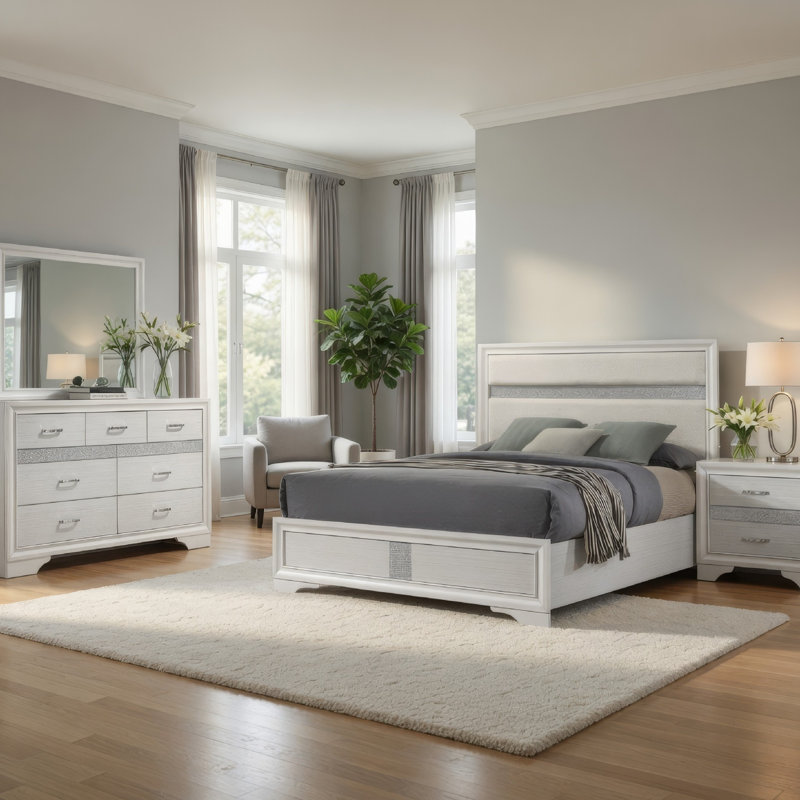 Ensemble de grand lit 4 pièces avec commodes, miroir, paillettes Vino White, Grand, Blanc