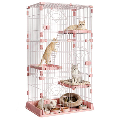 Cage pour chat rose à 3 niveaux, Villa pour chat à plusieurs niveaux avec échelle et plateforme, Grand parc pour chat pour plusieurs chats, Enclos à chat en métal facile à nettoyer