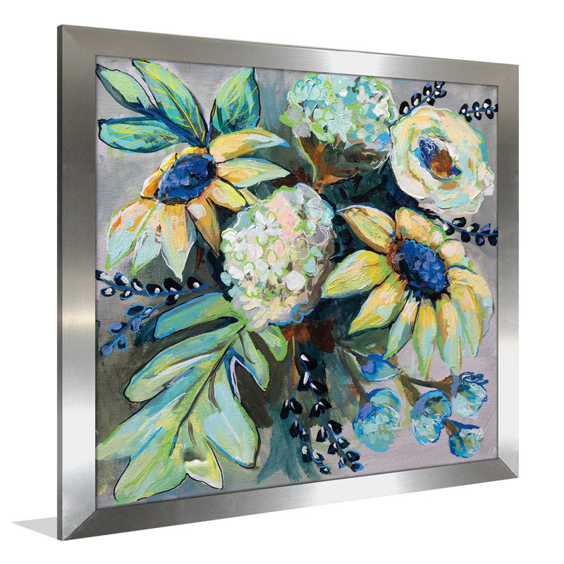 Sauge et tournesols II - Peinture, H 25,5 po x l 25,5 po x P 1 po, Encadrement argenté