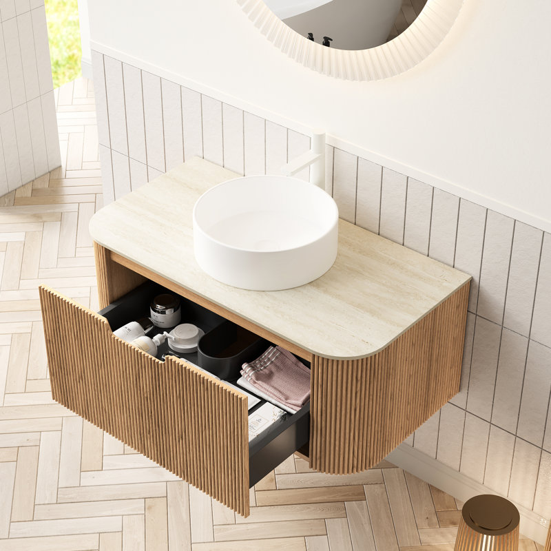 Meuble-lavabo de 91 cm (36 po) avec lavabo rond en céramique blanche, comptoir en pierre frittée à motif, armoire de rangement en contreplaqué, tiroir à fermeture amortie, système de tiroirs moderne haute résistance de couleur naturelle, préassemblé