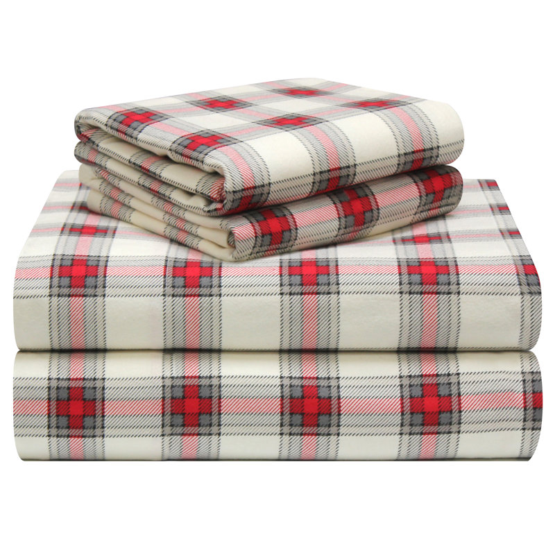 Flannel Plaid Sheet Set, Full Sheet Set + Fitted Sheet + 2 Pillowcases, Red, Off White Manchester
