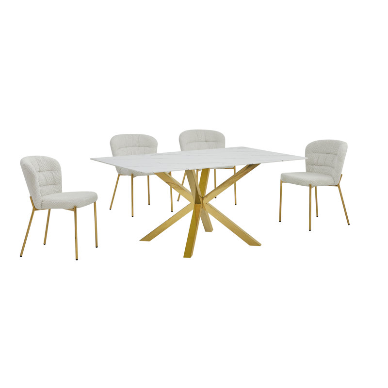 Rectangular Glass With White Marble Wrap Dining Set With Fluffy Chairs, Cream