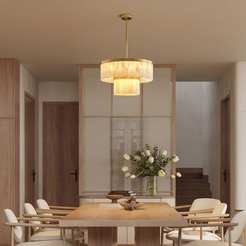 23.6" Dual-Layer Round Drum Kitchen Island Alabaster Chandelier, 2, Gold, 9