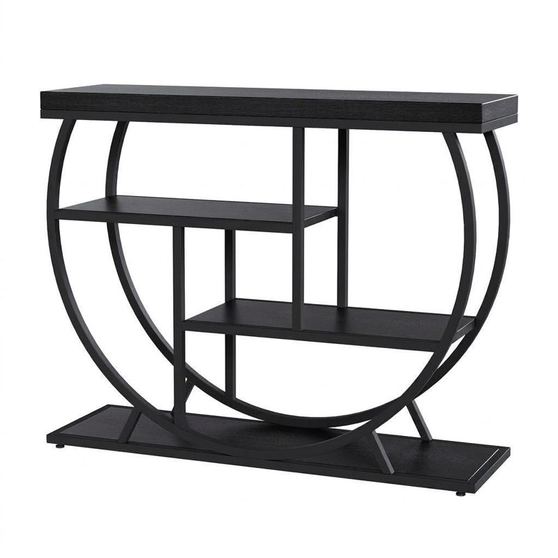 Console industrielle avec structure métallique incurvée, table d'appoint ouverte à 4 niveaux pour canapé ou entrée, idéale pour le salon ou le hall d'entrée.