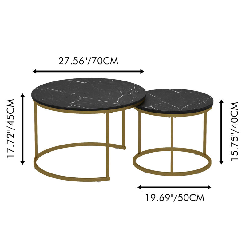 Ensemble de tables basses gigognes avec plateau en marbre et structure en métal robuste, Noir