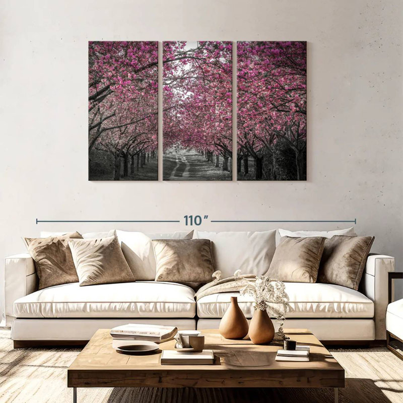Harnek, belle allée de cerisiers en fleurs en rose, H 48 po x l 74 po