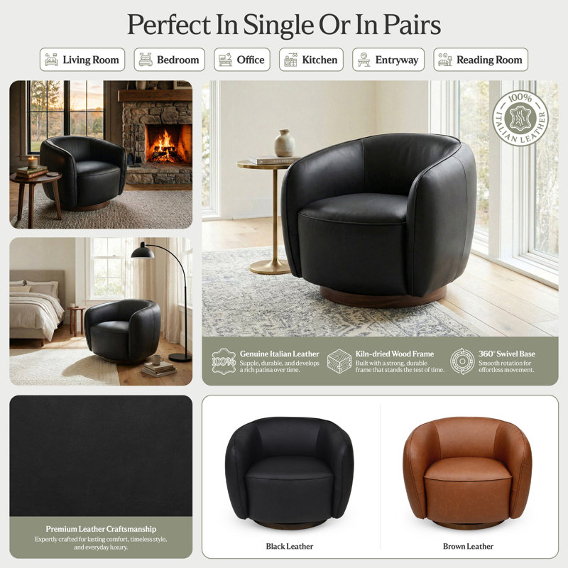 Modern Genuine Italian Leather Swivel Barrel Accent Chair with Wood Base, Fully Assembled, Black