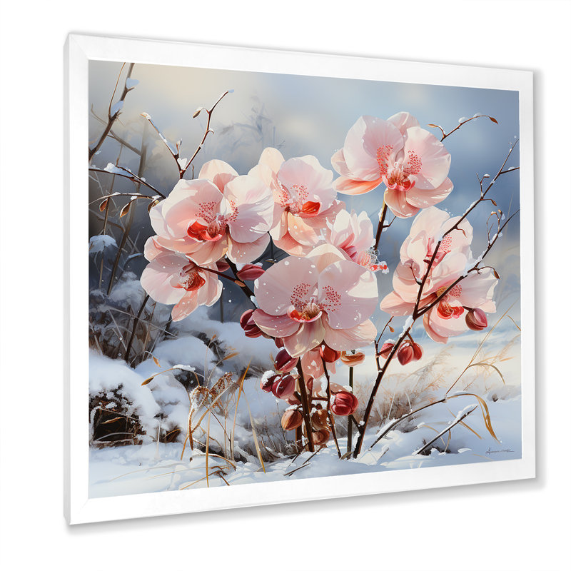 Charme d'orchidées roses en hiver, H 30 po x l 30 po x P 1 po, Cadre simple blanc