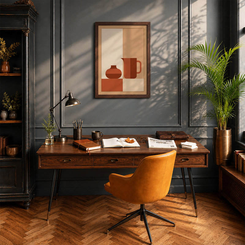 Ceramic Vessels Mid-Century - Framed Print, A2 - 59.4 x 42.0 cm, Walnut