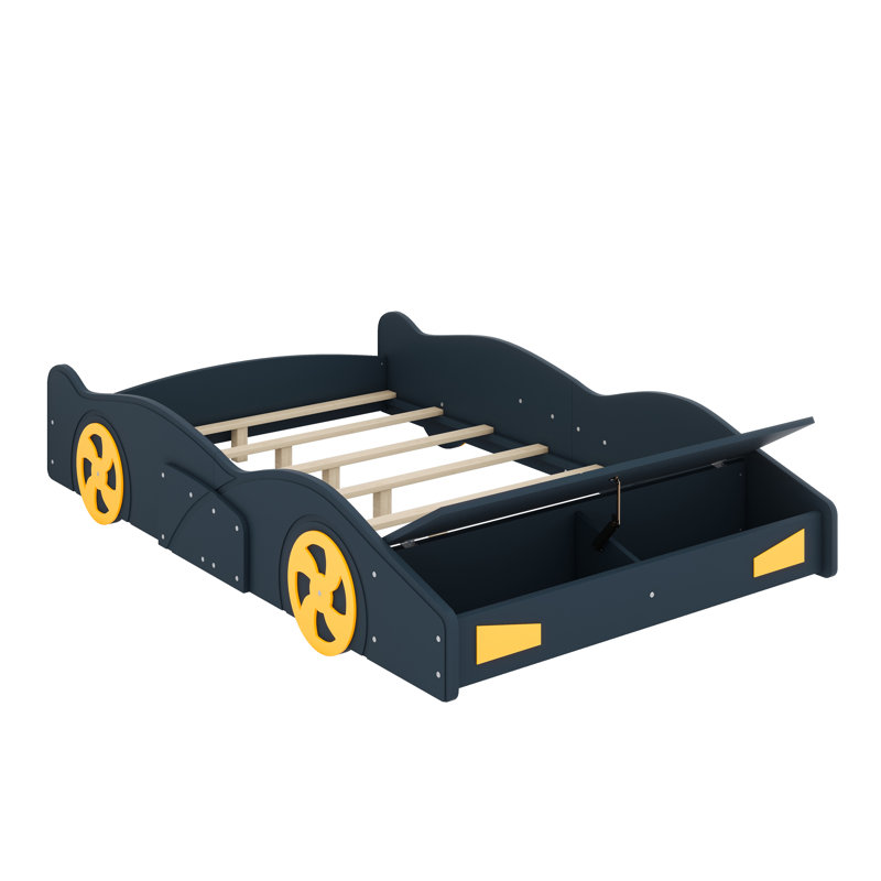 Base de lit plateforme avec roulettes et rangement intégré, Bleu foncé et jaune