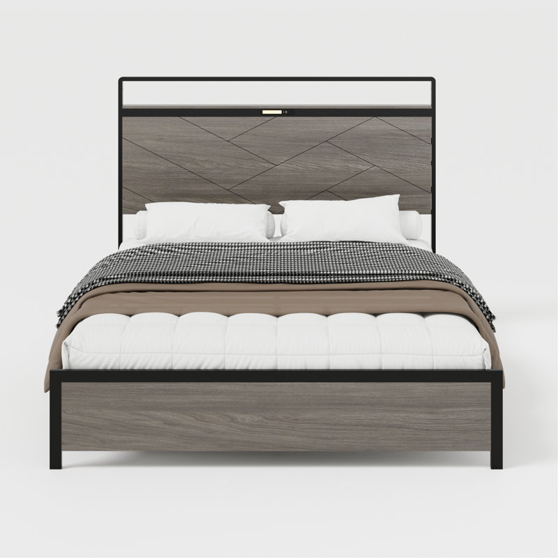 Bed Frame, Wooden Platform Bed Frame With Storage LED Light Headboard And 2 USB, No Noise, Large Underbed Storage, No Box Spring Needed, Easy Assembly