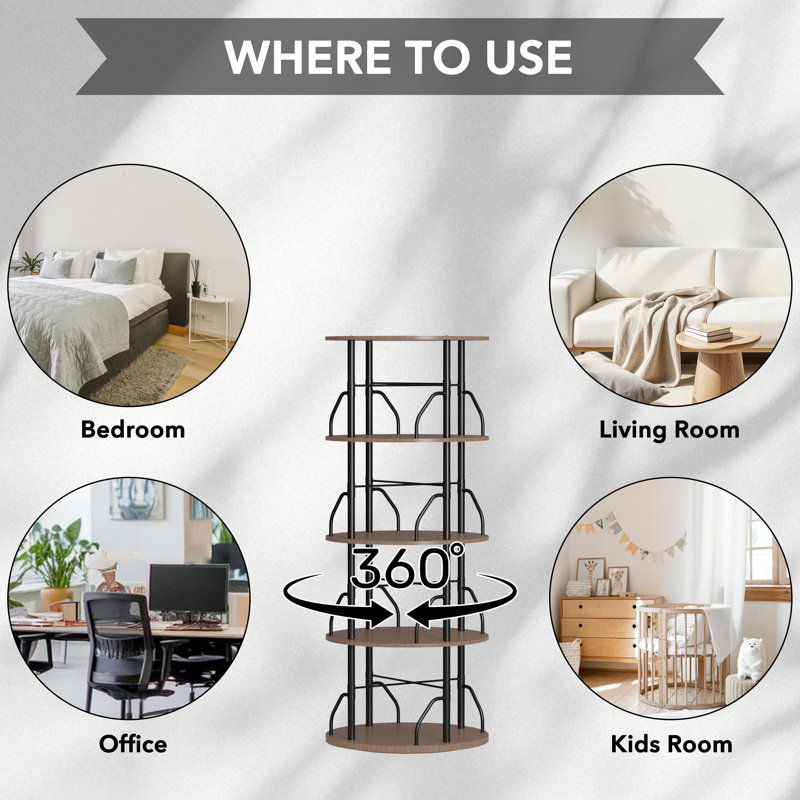 Rotating 360° Bookshelf Tower, Stackable Spinning Bookcase, Space‑Saving Revolving Round Shelf, Floor Standing Swivel Corner Organizer, Brown