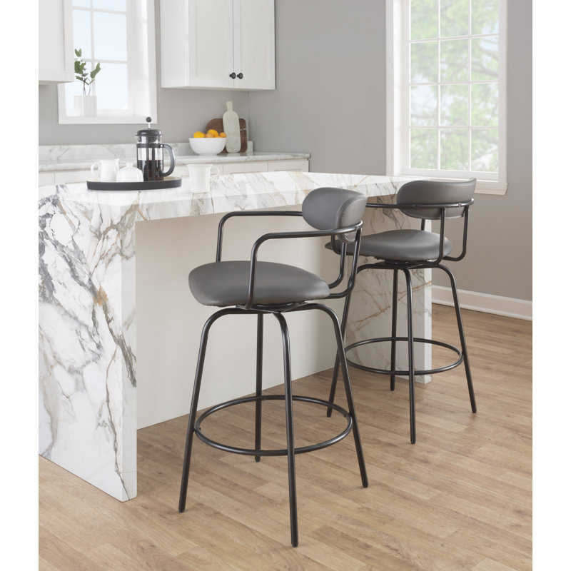 Swivel Upholstered Counter Stool with Metal Frame, Gray Faux Leather/Black Frame