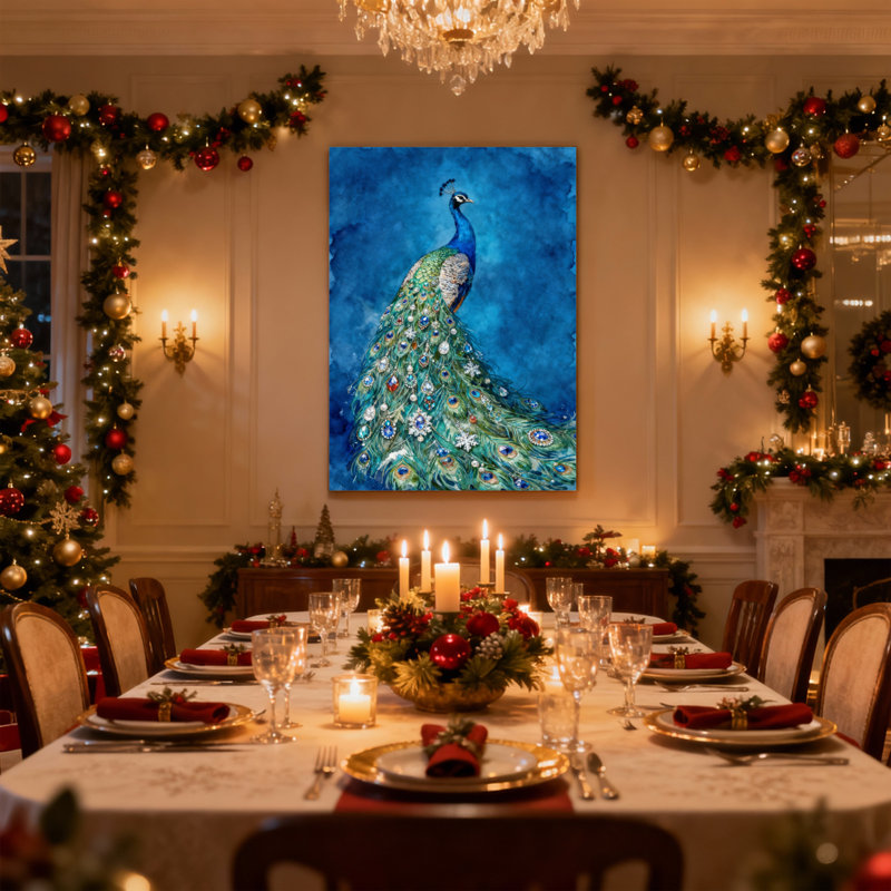 Paon de Noël avec plumes vibrantes et fond bleu, ensemble de 3 impressions sur toile, H 24 po x l 16 po