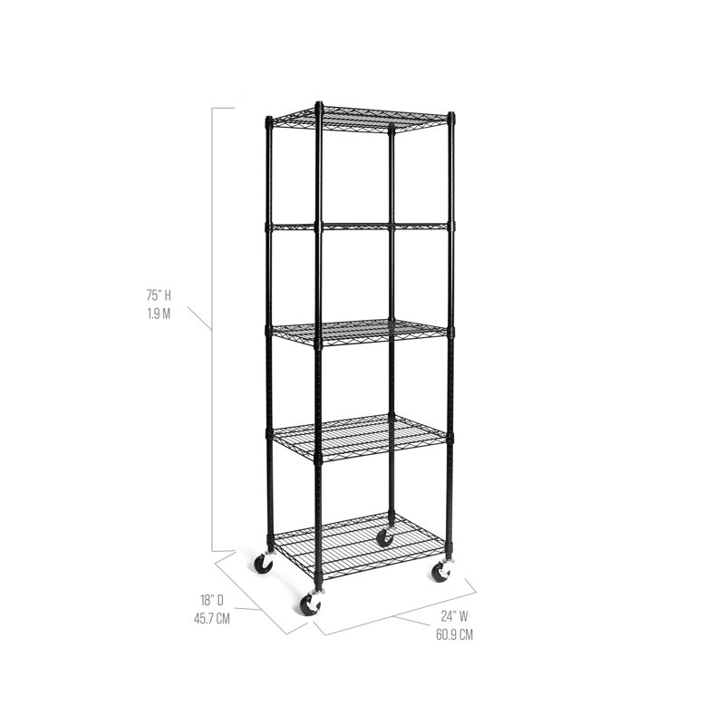 Black Adjustable 5-Tier Steel Wire Shelving Unit with Wheels