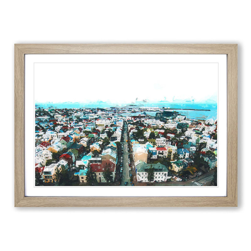 View of Reykjavik in Iceland in Abstract - Picture Frame Graphic Art Print, 40cm H x 60cm W x 2cm D, Oak